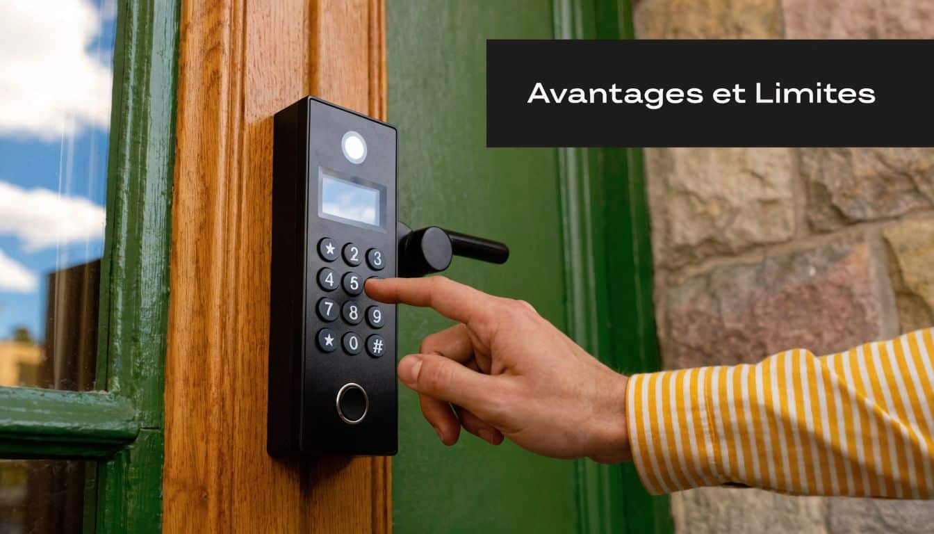 Une main entrant un code sur une serrure électronique fixée sur une porte d'entrée en bois.