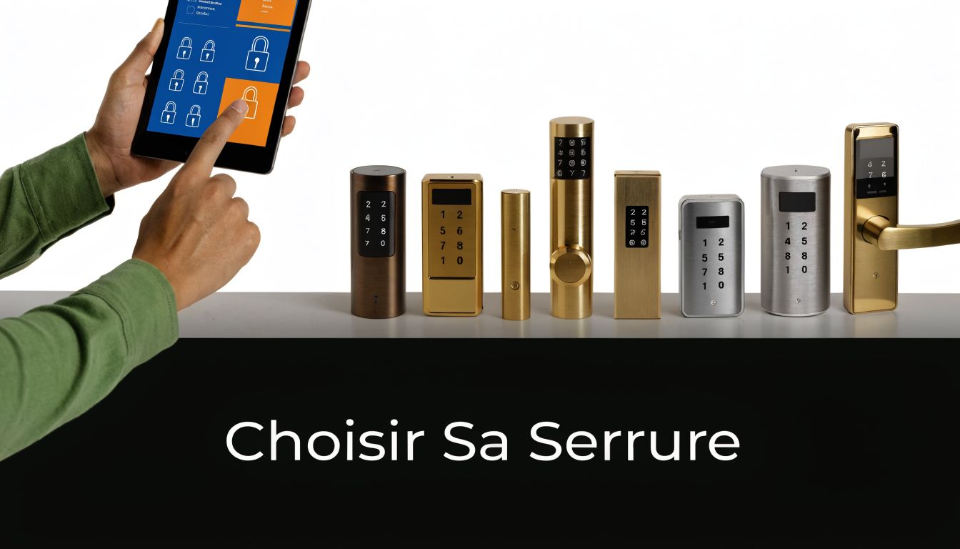 Une main contrôle une application mobile pour déverrouiller des serrures à code électroniques sur un présentoir.