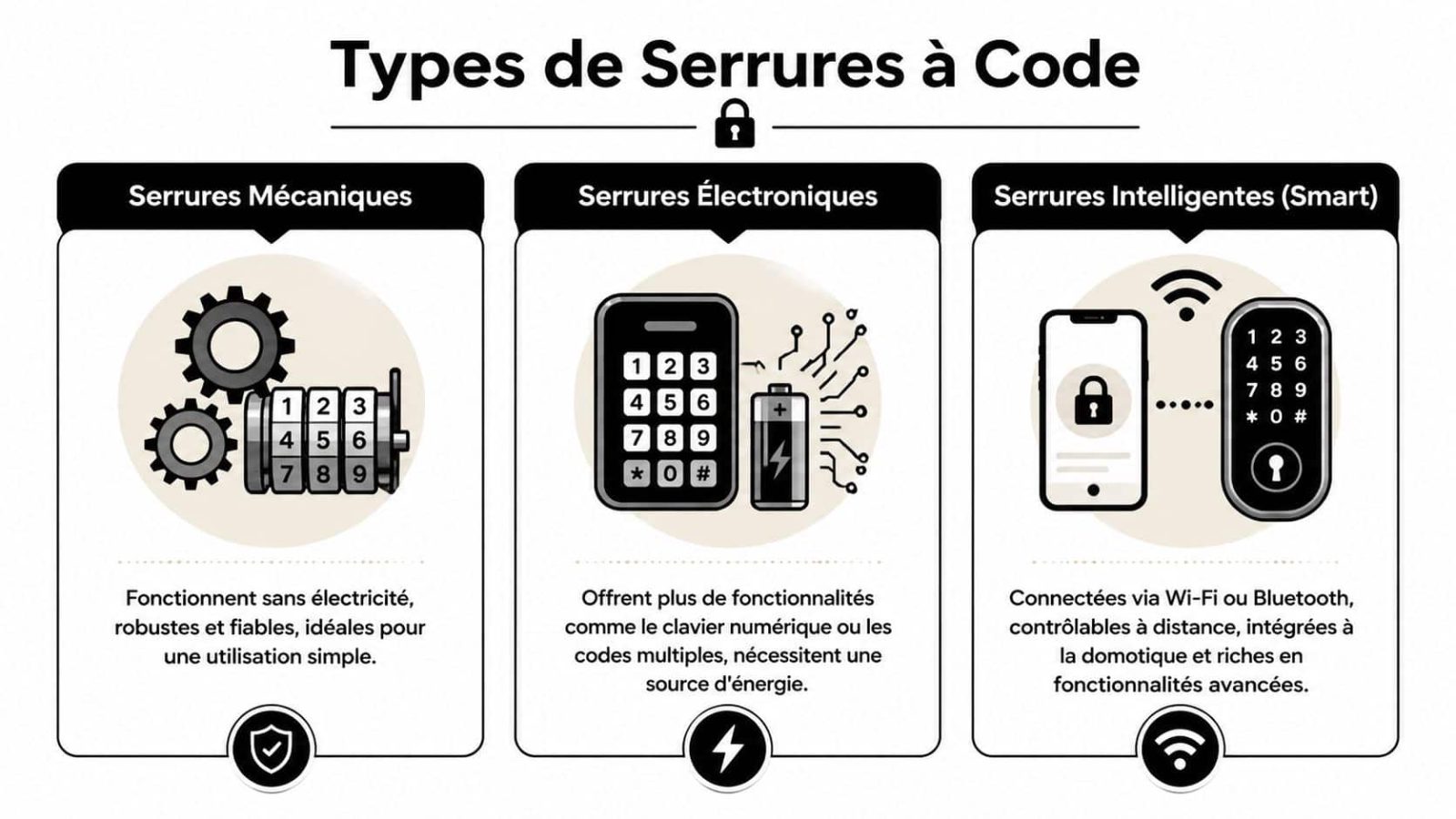 Infographie présentant trois types de serrures à code : mécaniques, électroniques et intelligentes connectées via Wi-Fi.