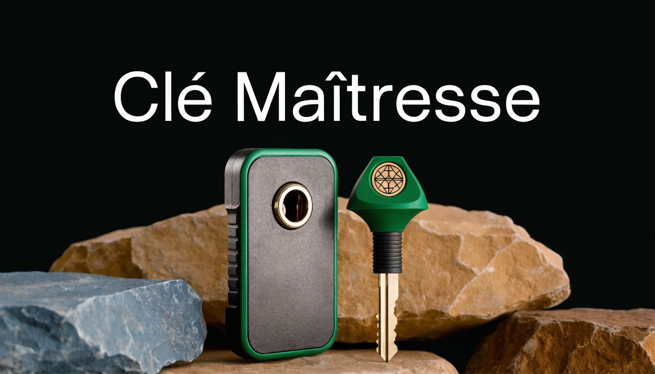 A green master key with matching door cylinder set on decorative natural rocks.