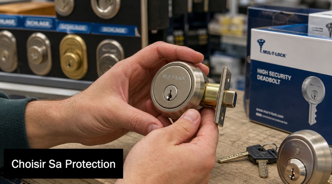 One hand holds a high-security Mul-T-Lock brushed steel door lock with keys.