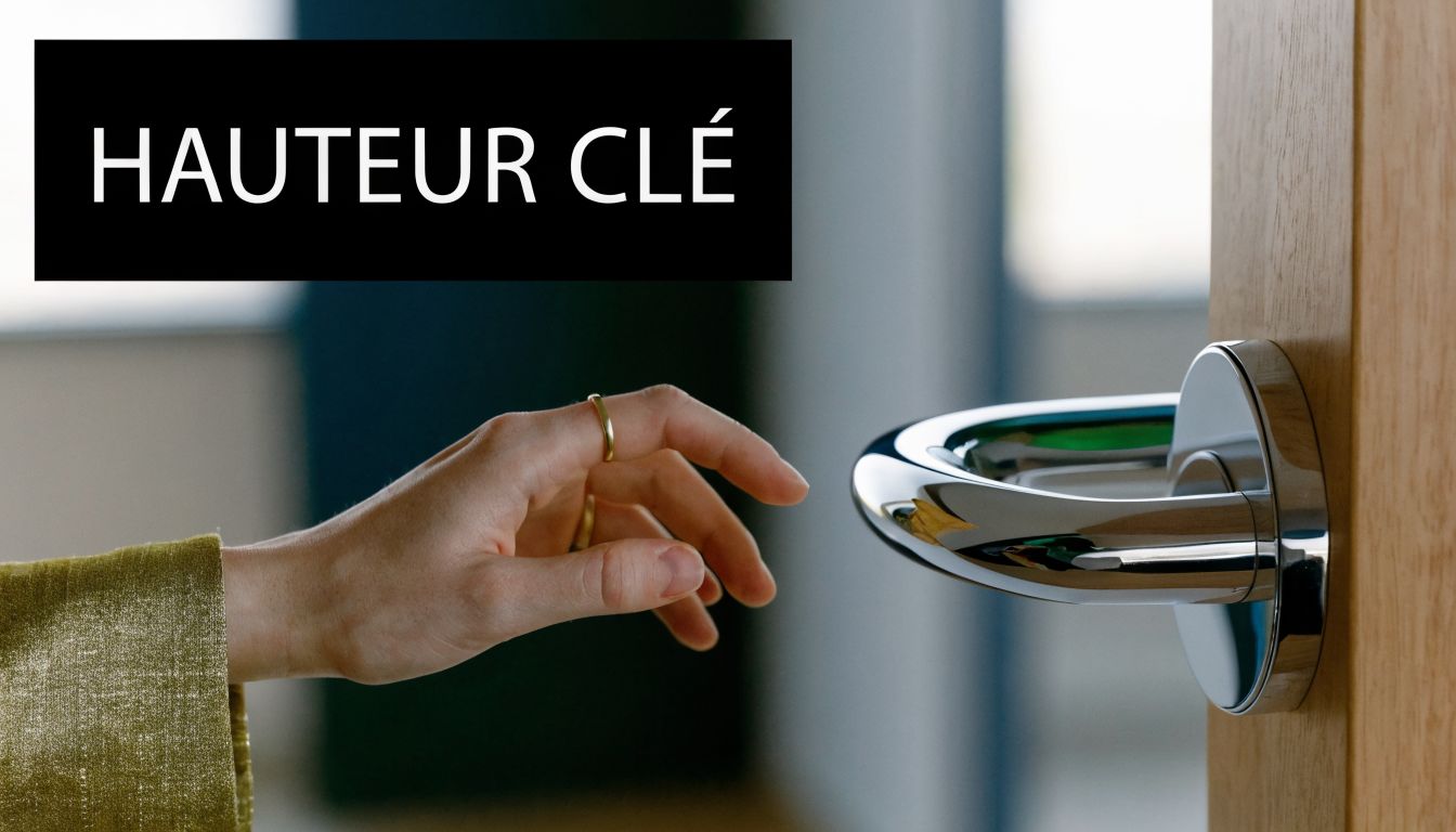 A hand reaching for a modern, shiny door handle in an interior space.