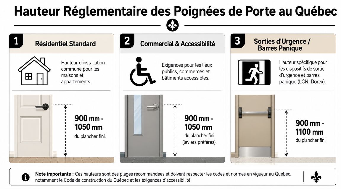 Infographic showing regulatory heights for door handle installation in Quebec, by building type.