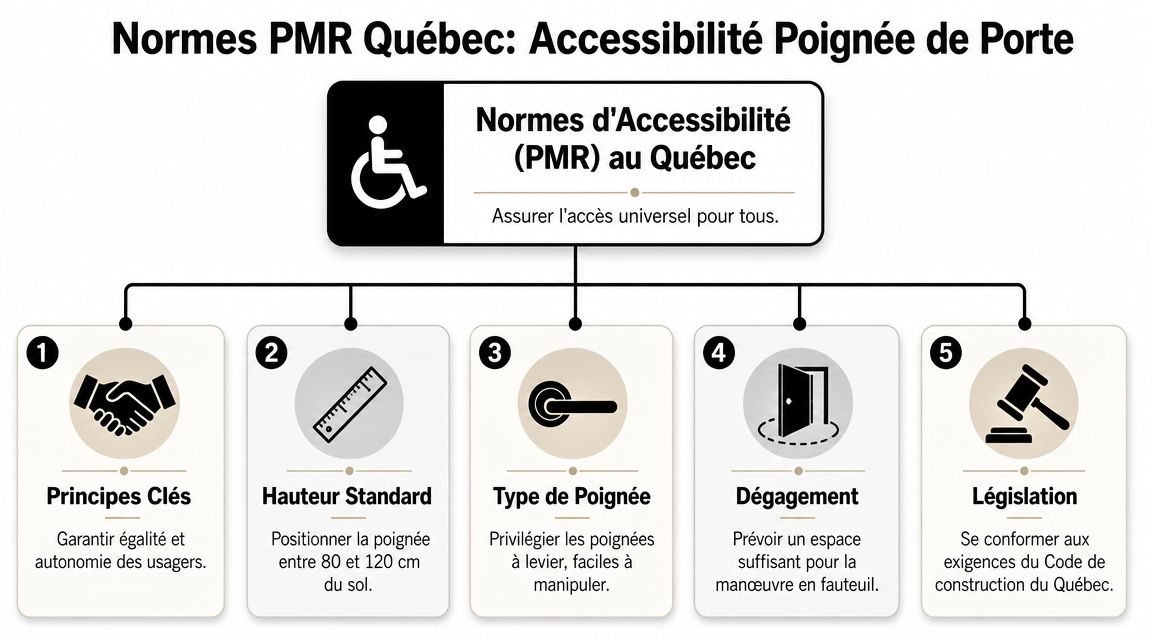 Infographie présentant les cinq normes d'accessibilité PMR au Québec pour les poignées de porte de bâtiments.