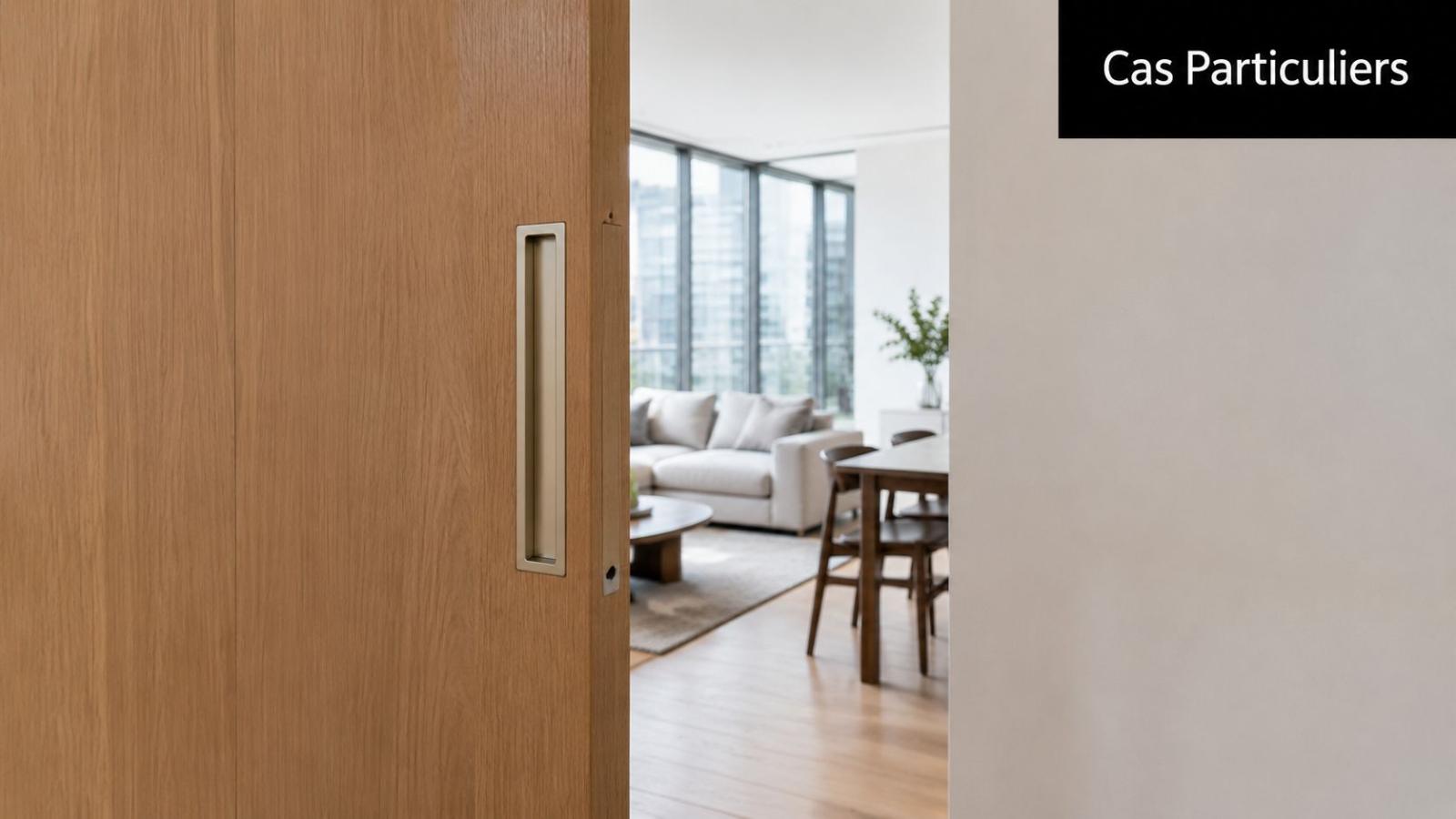 Une porte coulissante en bois avec une poignée encastrée moderne vue de l'intérieur d'un appartement lumineux.