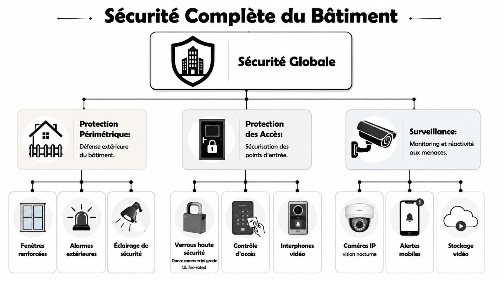 Diagram illustrating the components of a complete perimeter security, access control and building surveillance system.