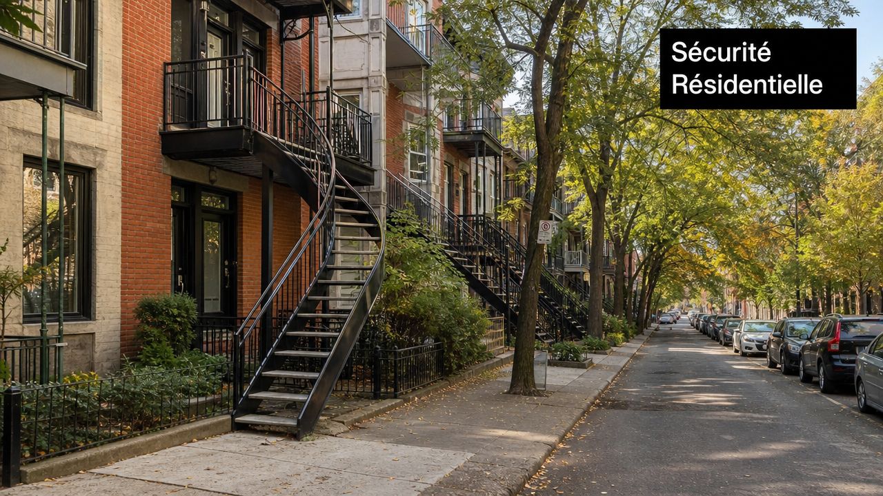 Exterior spiral staircase in front of a row of red-brick houses on a residential street.