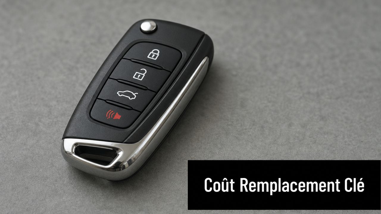 A modern car key with remote control on a grey surface with text.