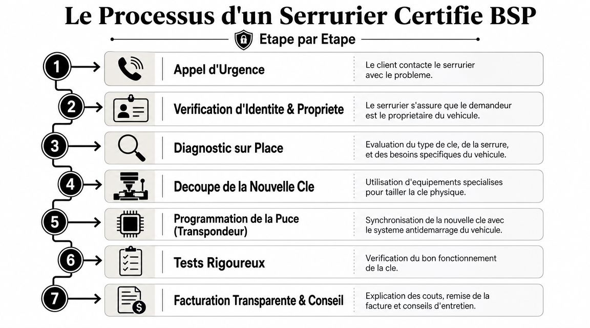 Step-by-step infographic describing the professional process of a BSP-certified locksmith for key replacement.