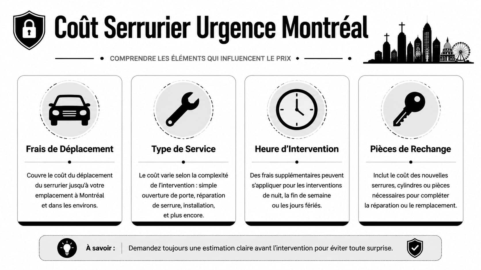 Infographie expliquant les facteurs influençant le coût d'un serrurier d'urgence à Montréal, incluant déplacement et main-d'œuvre.