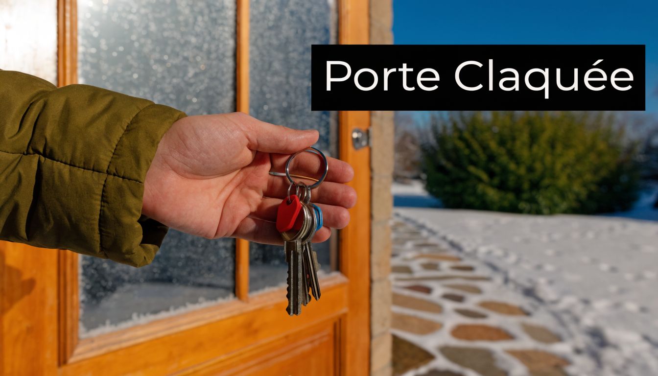 A hand holding a bunch of keys in front of a wooden door illustrates a slammed door.