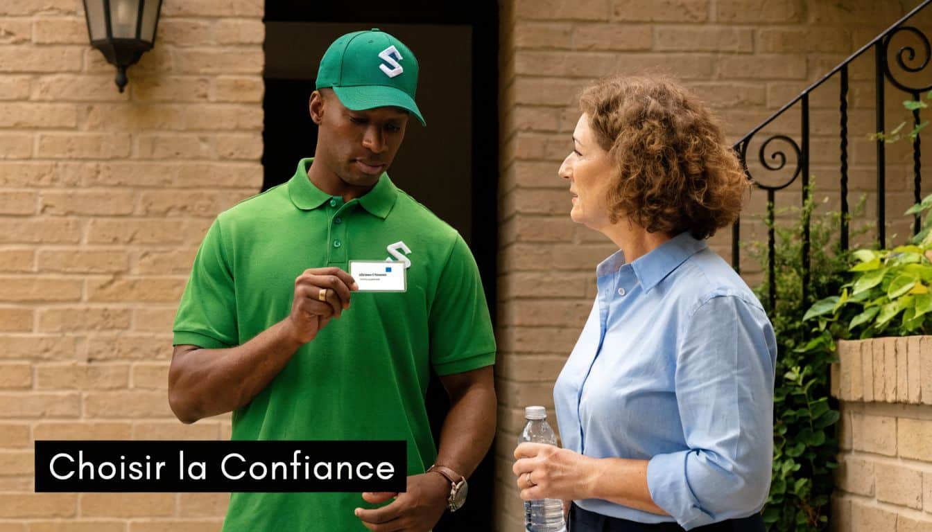 A professional locksmith in green uniform shows his identification card to a customer in front of a house.