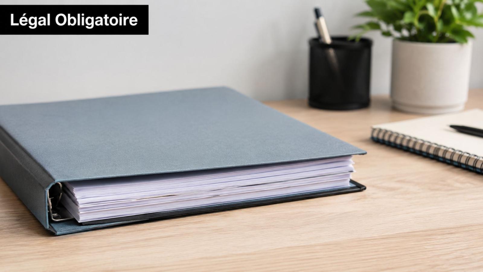 Un classeur bleu rempli de documents administratifs posé sur un bureau en bois avec des accessoires.