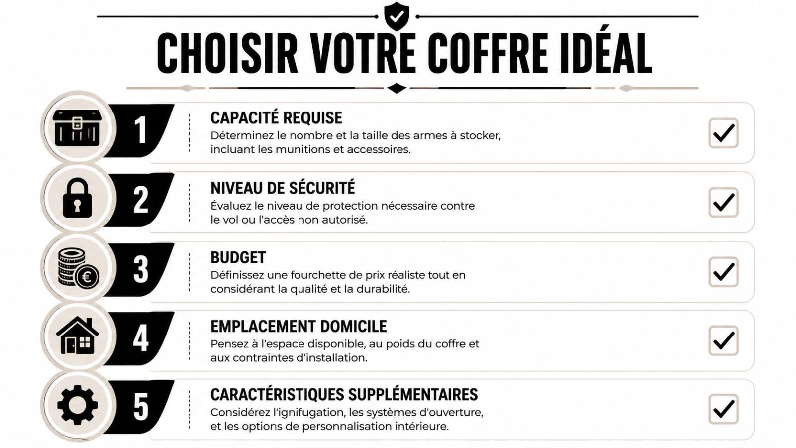 Infographie détaillant cinq étapes essentielles pour choisir le coffre-fort idéal pour ses armes à feu.