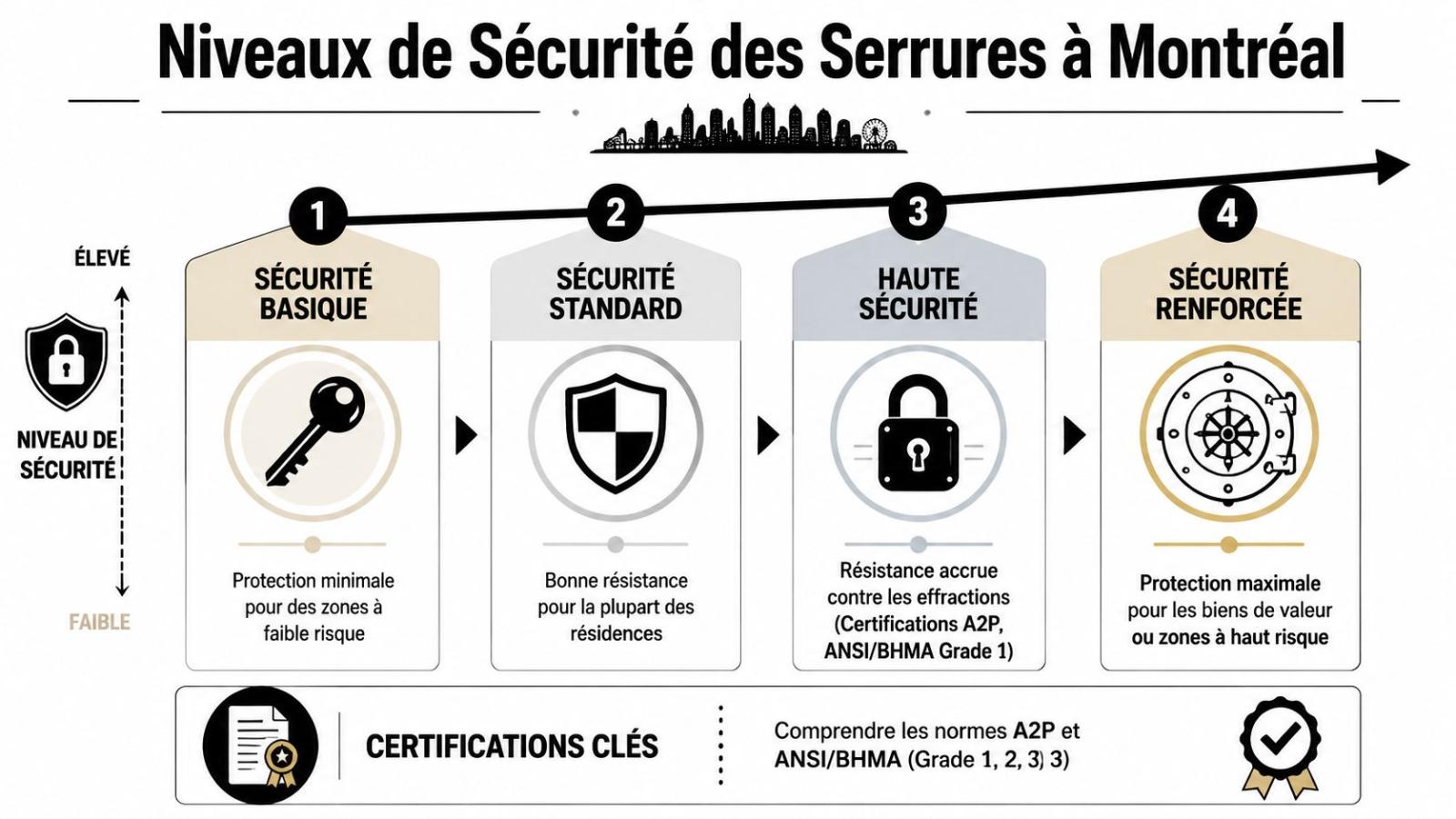 Infographie illustrant les quatre niveaux de sécurité pour les serrures de porte d'entrée à Montréal.