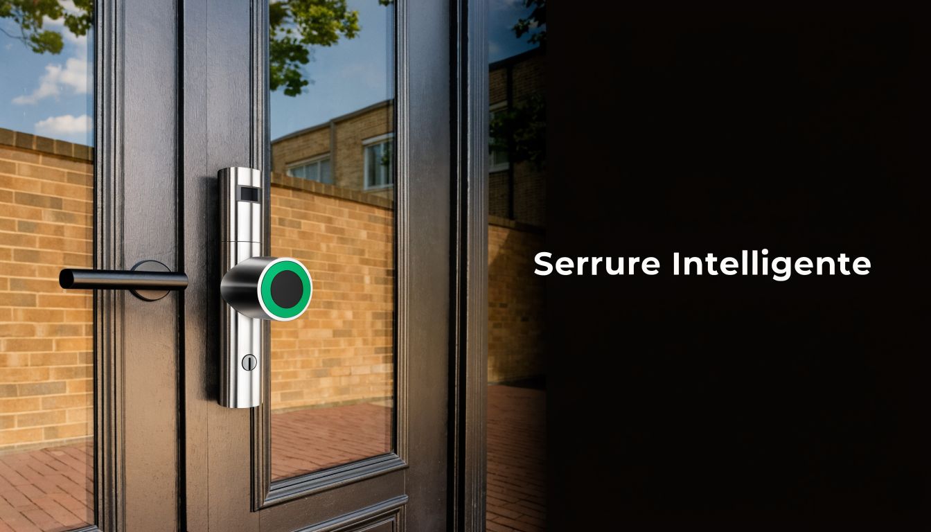 Une poignée de porte noire élégante équipée d'une serrure intelligente moderne avec un cercle lumineux vert.