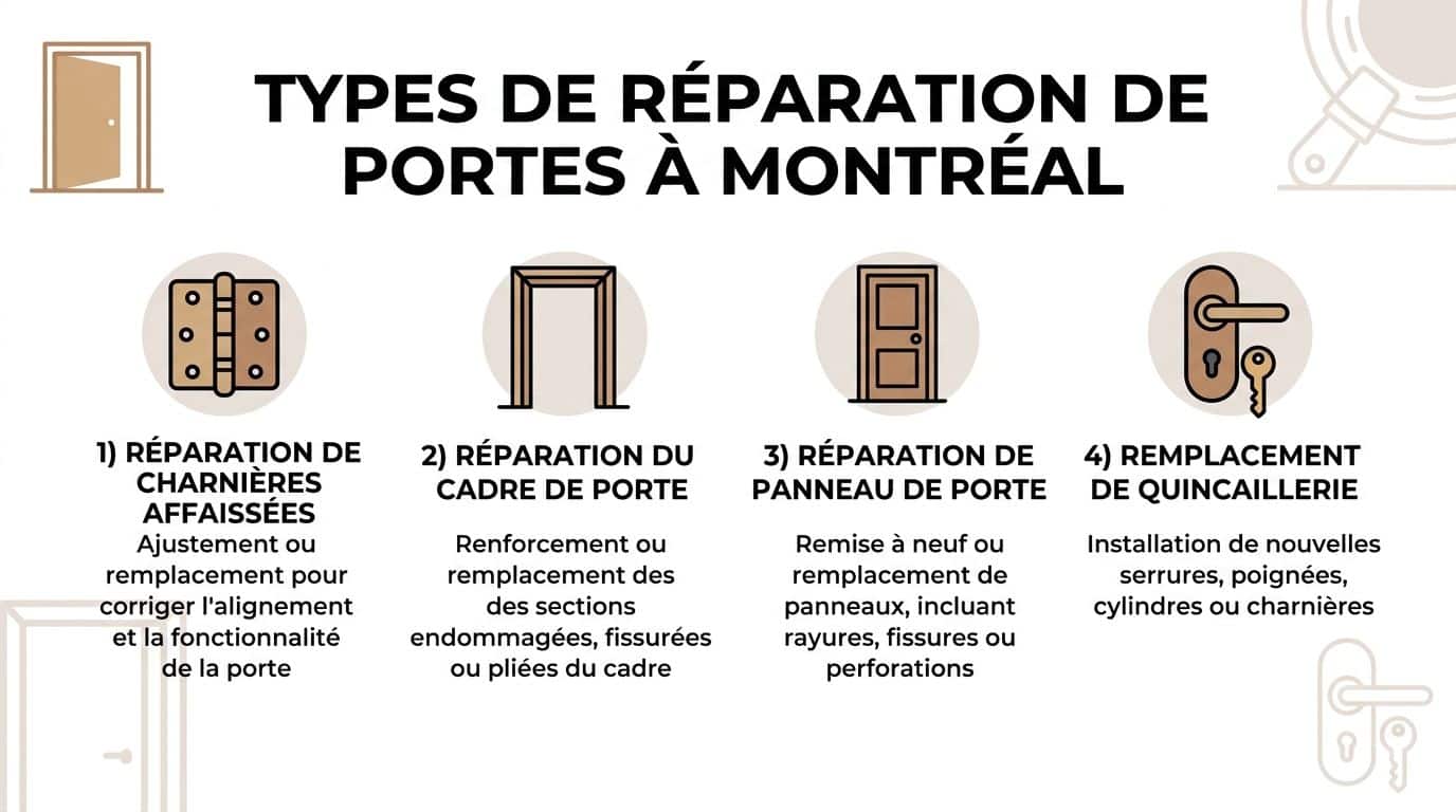 Infographie illustrant les quatre principaux types de réparation de portes à Montréal pour les résidents.