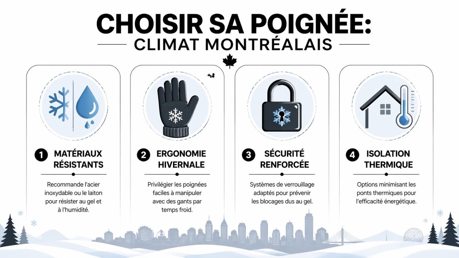 Infographie illustrant quatre conseils pour choisir une poignée de porte adaptée au climat hivernal de Montréal.