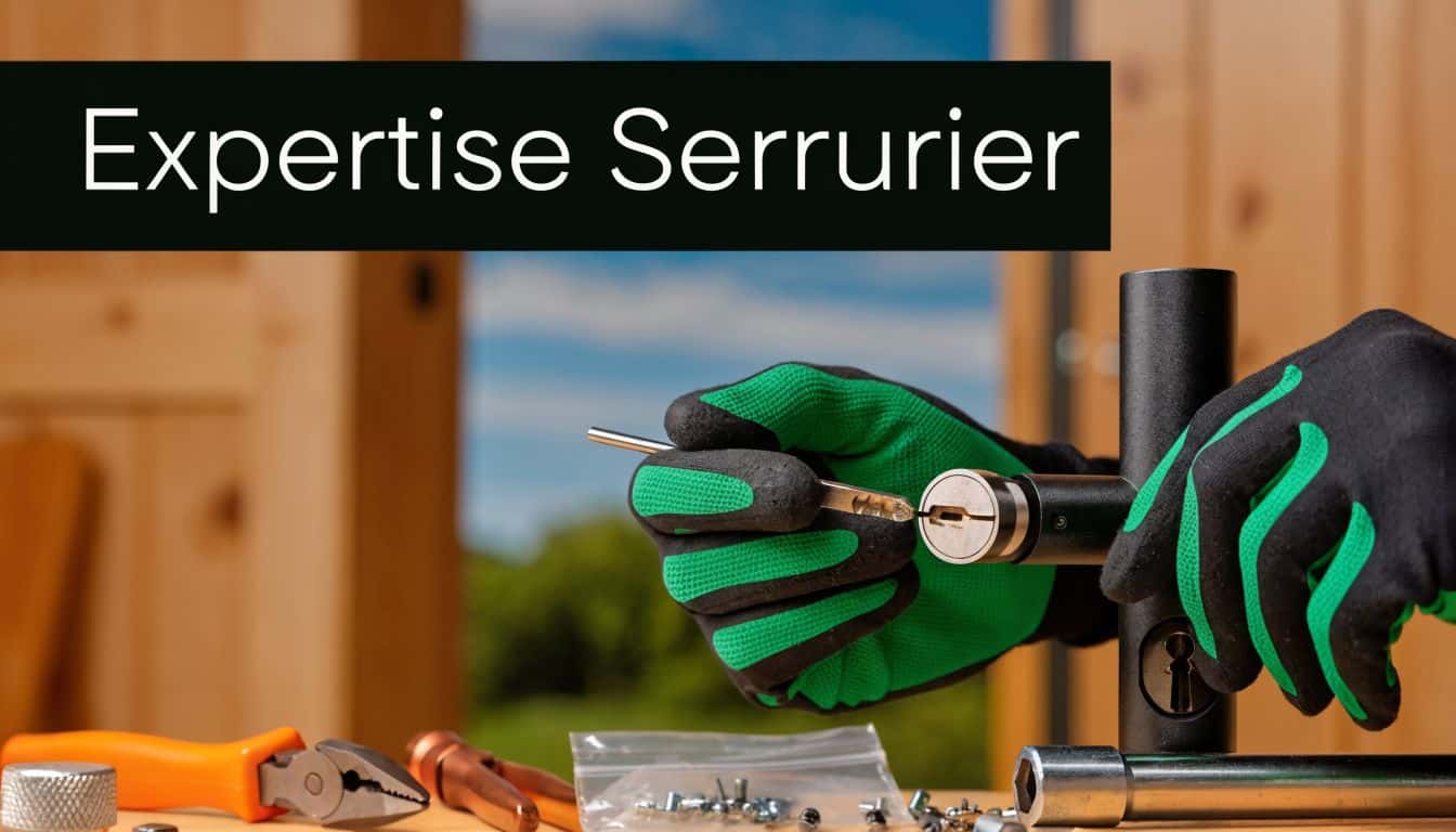 Un serrurier professionnel portant des gants de protection manipule le cylindre d'une serrure de porte.