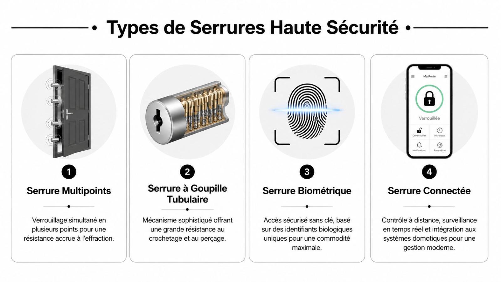 Illustration montrant quatre types de serrures haute sécurité, incluant multipoints, goupille tubulaire, biométrique et connectée.