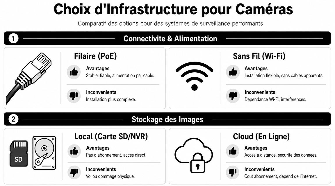 Comparatif des options d'infrastructure pour les systèmes de caméras de surveillance entre connectivité filaire et sans fil.