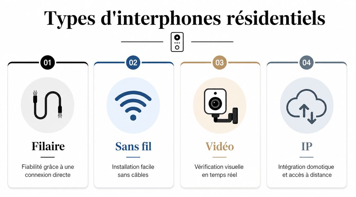 Une infographie montrant quatre types d'interphones résidentiels : filaire, sans fil, vidéo et basé sur le protocole IP.
