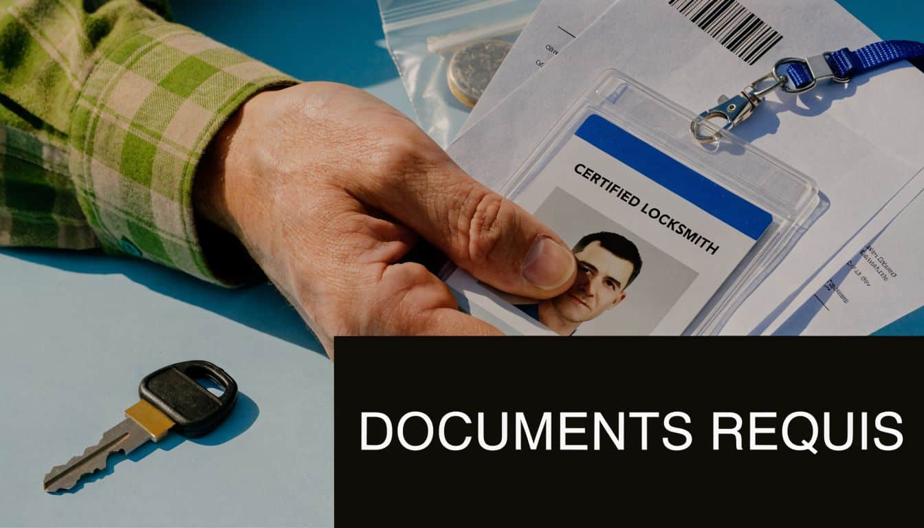 A man's hand presents a certified locksmith's ID card with a key on a table.