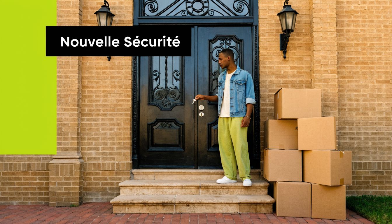 Un jeune homme s'apprête à déverrouiller la porte d'entrée de sa nouvelle maison lors d'un déménagement.