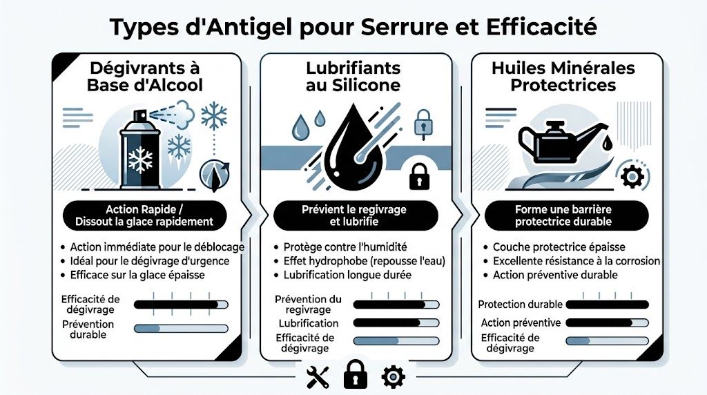 Infographic comparing the three types of lock antifreeze, their respective benefits and levels of effectiveness.
