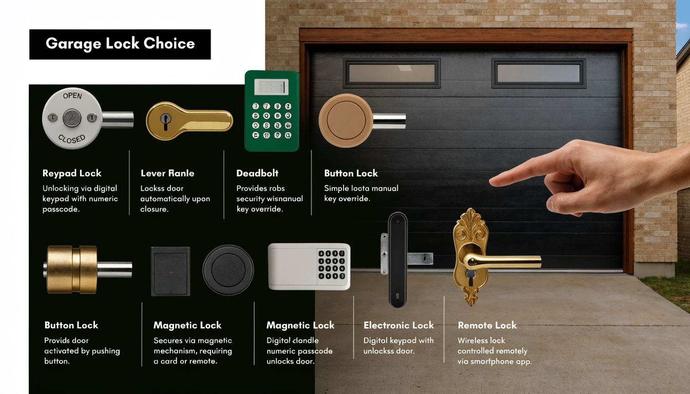 Illustration showing different types of garage locks, from electronic mechanisms to traditional pushbuttons.