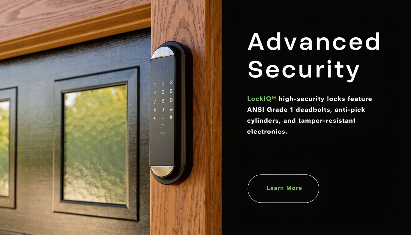 A modern electronic lock with keypad installed on an elegant wooden door frame.