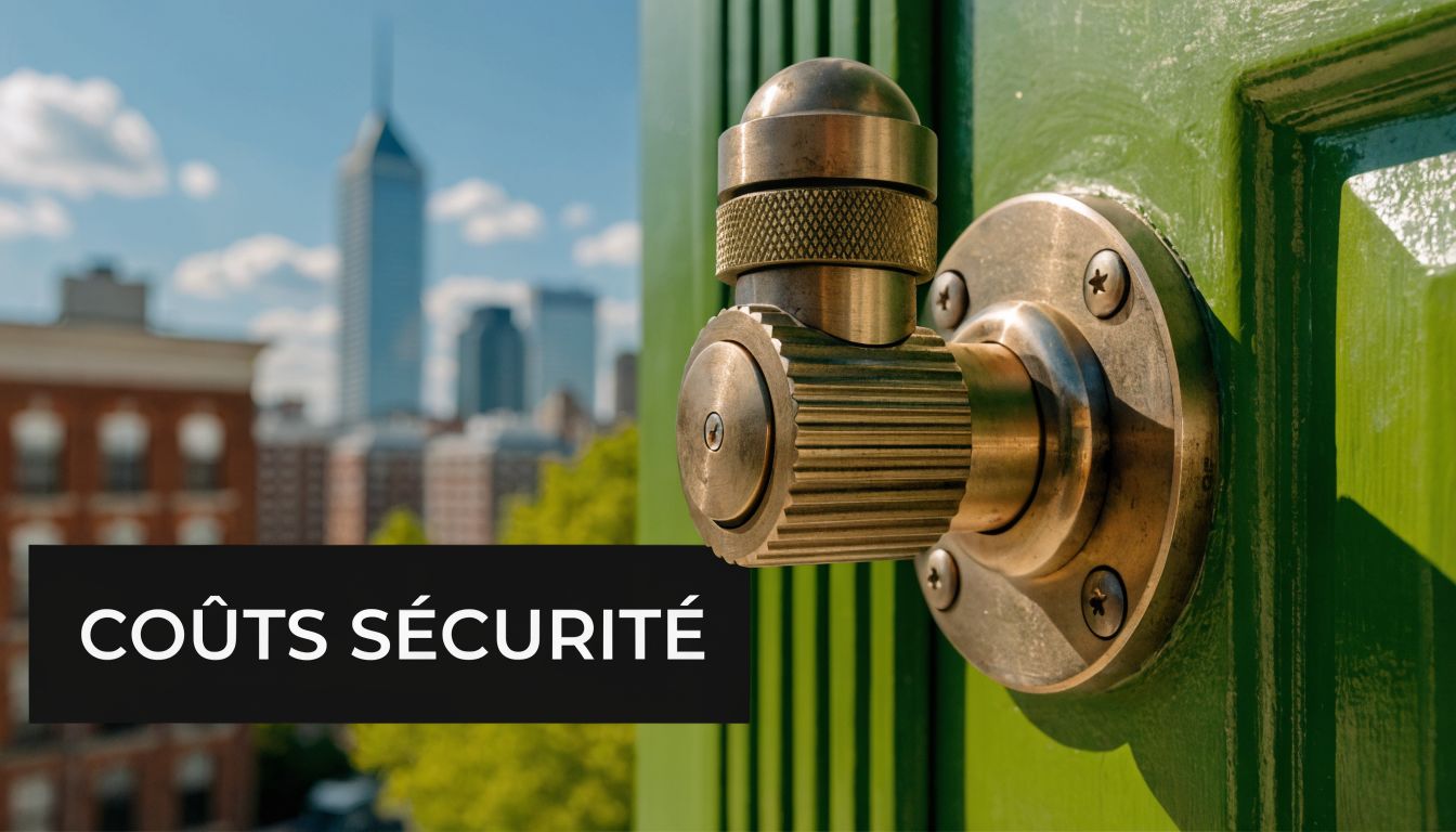 Brass door handle on a green door with a city in the background and text Safety Costs