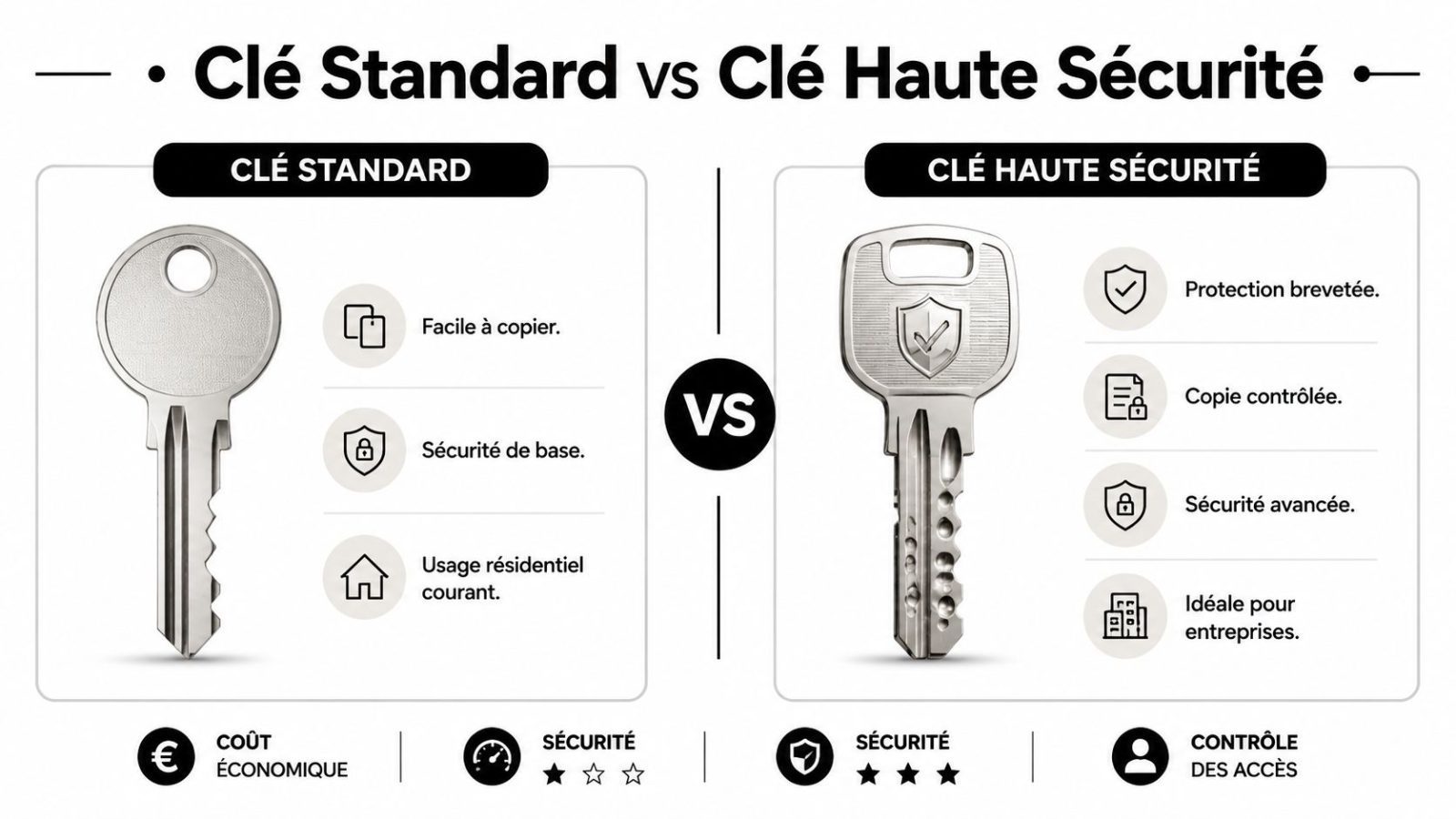Visual comparison between an easy-to-reproduce standard key and a patent-protected high-security key.