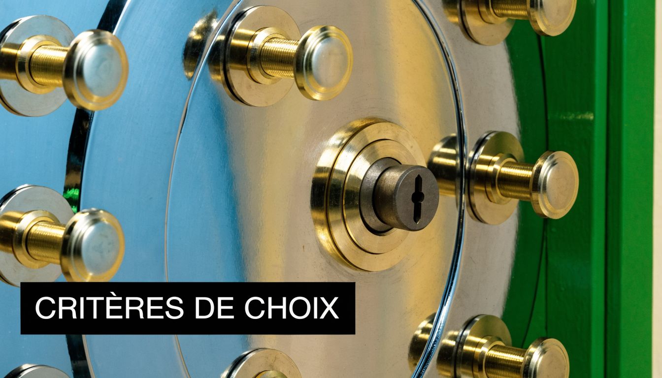 Close-up of the circular steel door of a metal safe with a central gold lock.