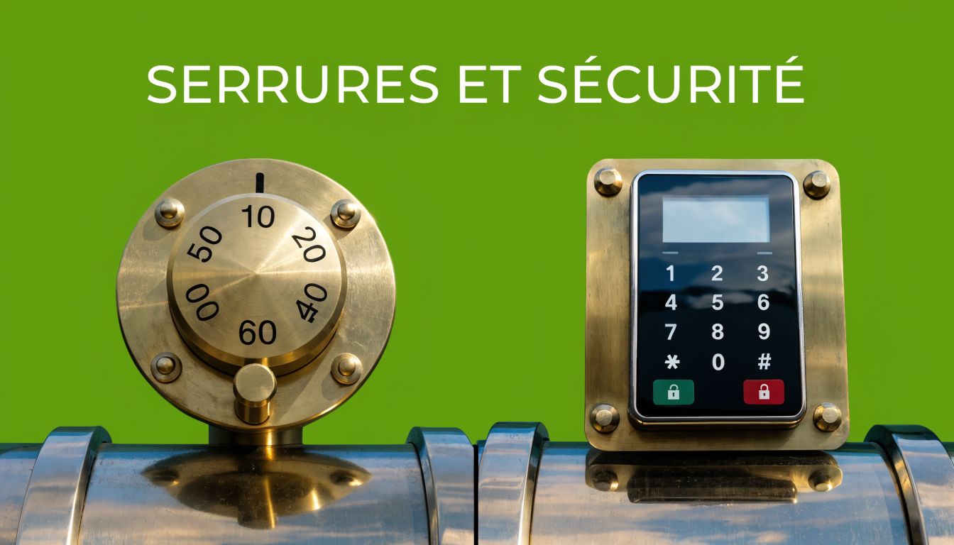 A traditional mechanical combination lock next to a modern digital keypad on a green background.