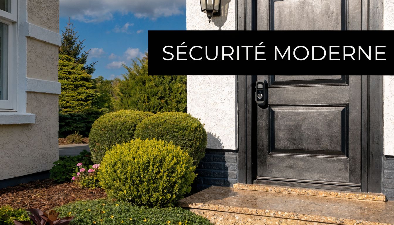 An elegant black entrance door with a modern smart lock in front of a house with a well-kept garden.