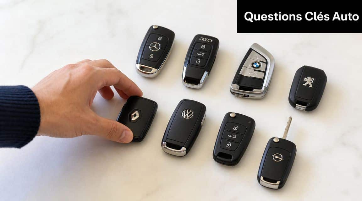 A hand selecting a Renault car key from a number of different car keys on a table.