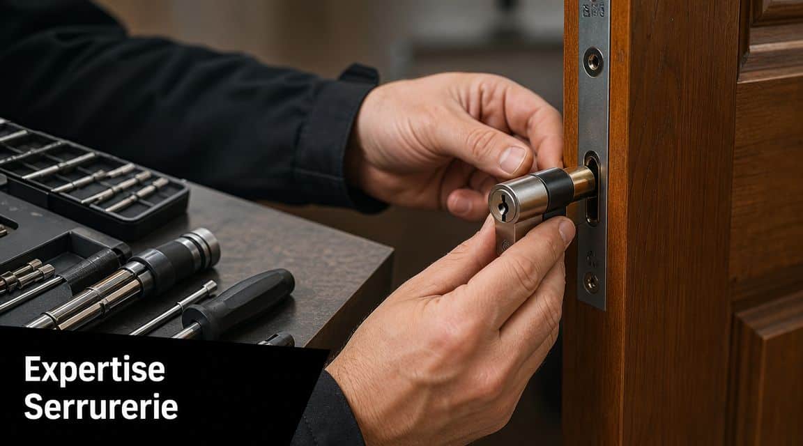 Serrurier professionnel installant un cylindre de serrure de haute sécurité sur une porte en bois massif.