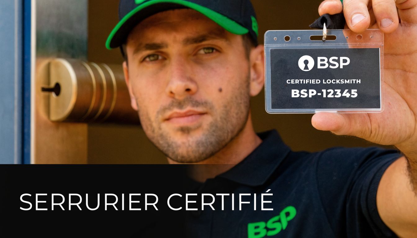 A certified professional locksmith holding his identification card with the BSP logo while on site.