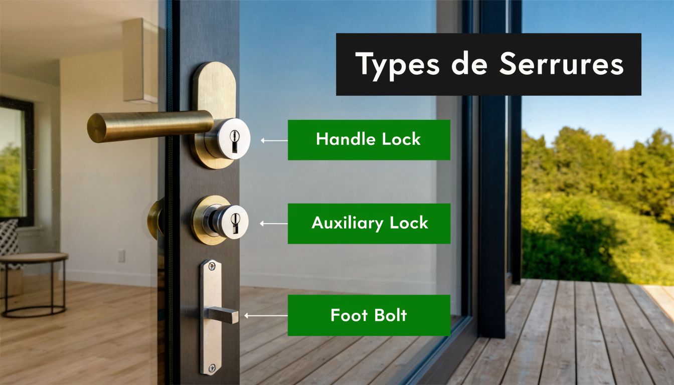 Une porte moderne équipée d'une poignée, d'une serrure auxiliaire et d'un verrou de pied pour la sécurité.