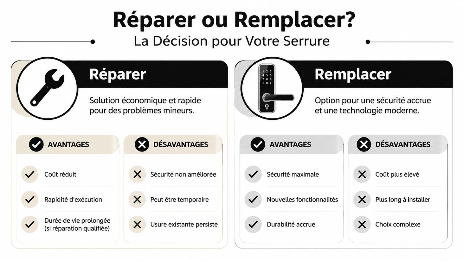 Comparaison infographique entre la réparation et le remplacement d'une serrure pour vous aider à décider.