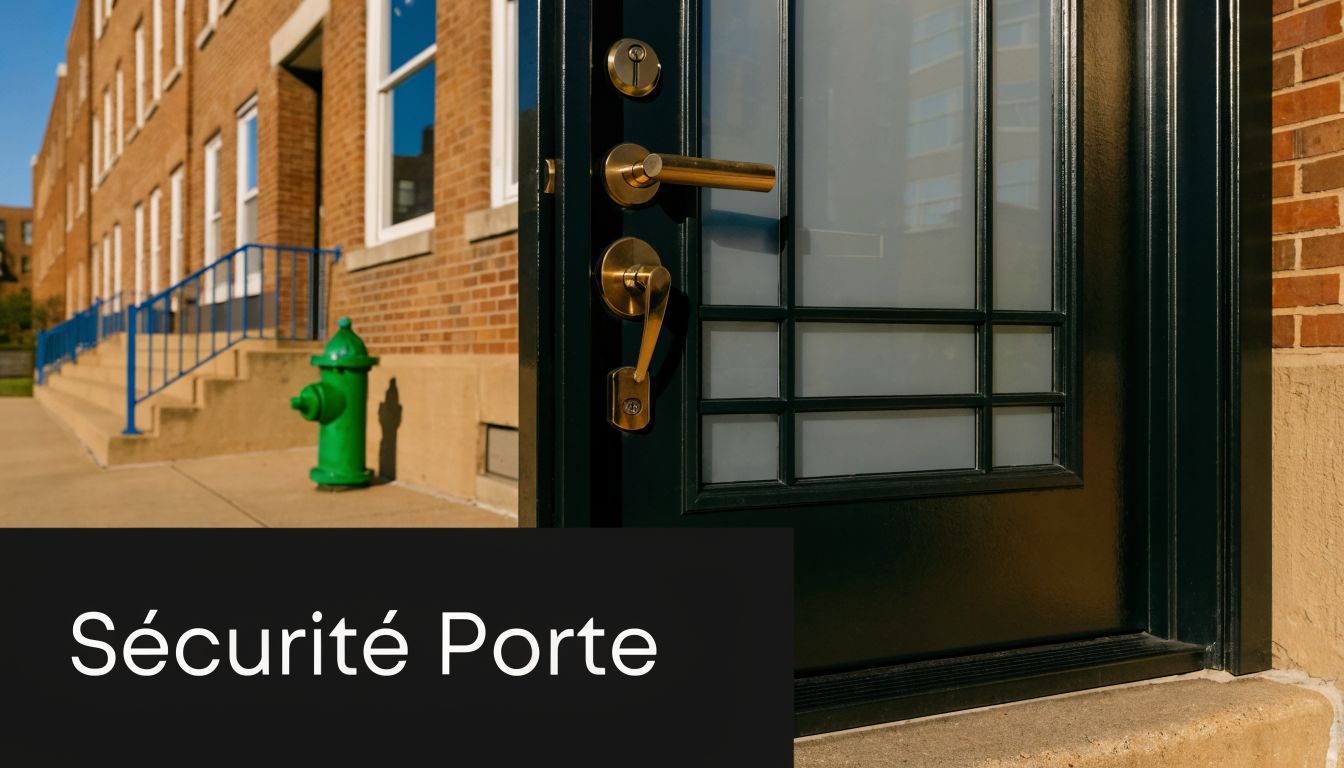 Une porte d'entrée noire élégante avec des poignées dorées devant un bâtiment en briques rouges.