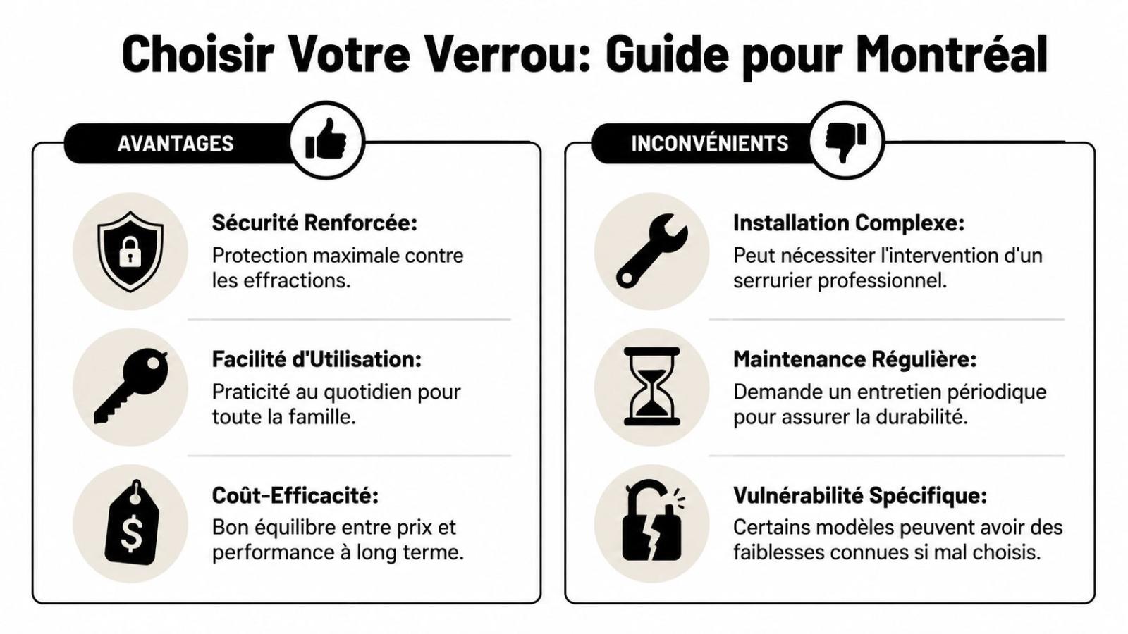 Tableau comparatif des avantages et inconvénients pour choisir un verrou de sécurité résidentiel à Montréal.