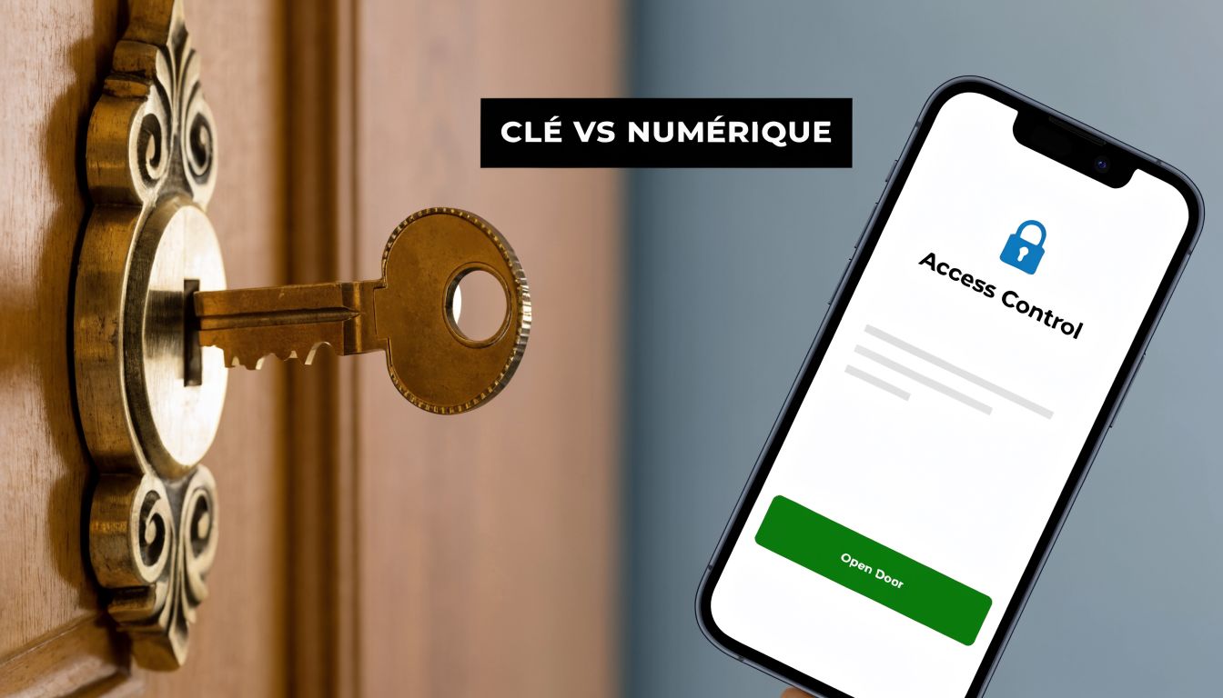 Comparison between a traditional key in a lock and a digital access application on a smartphone.