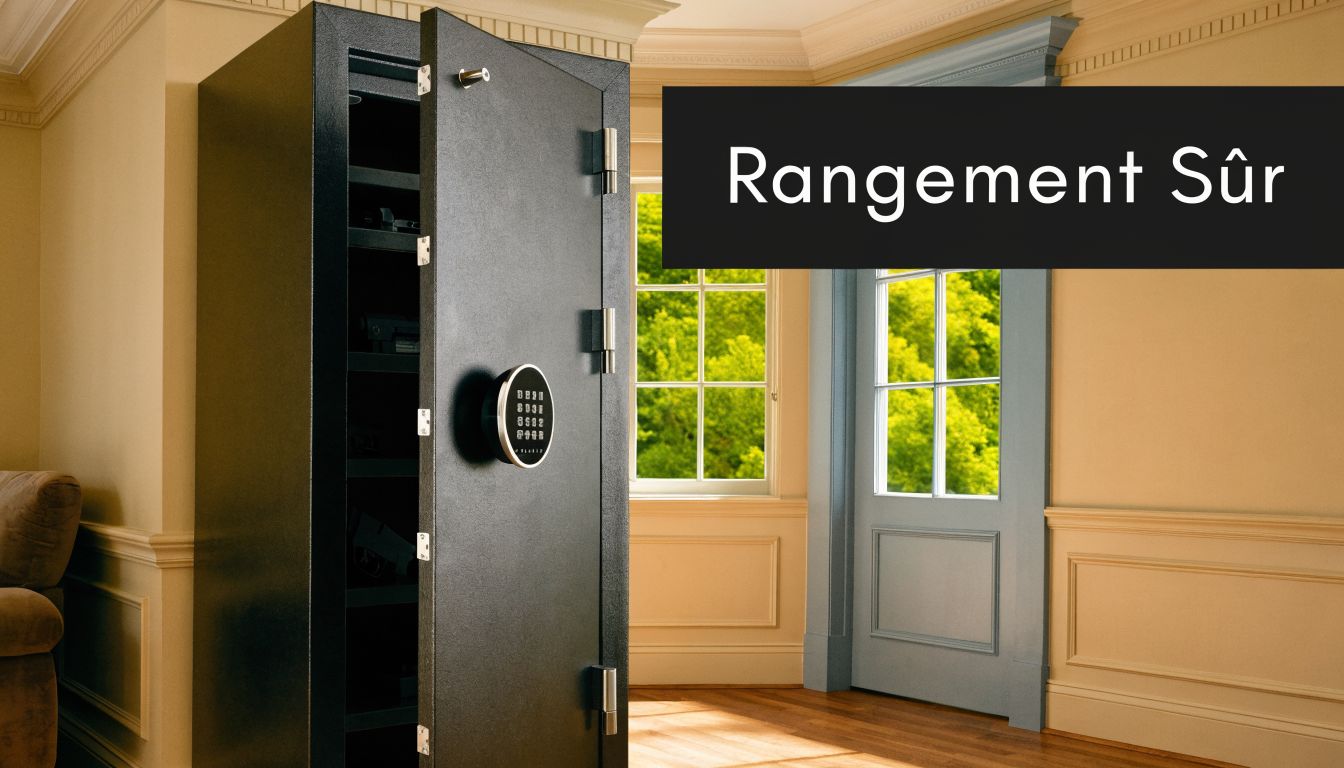 A large, secure black safe in an elegant lounge with a door to the outside.