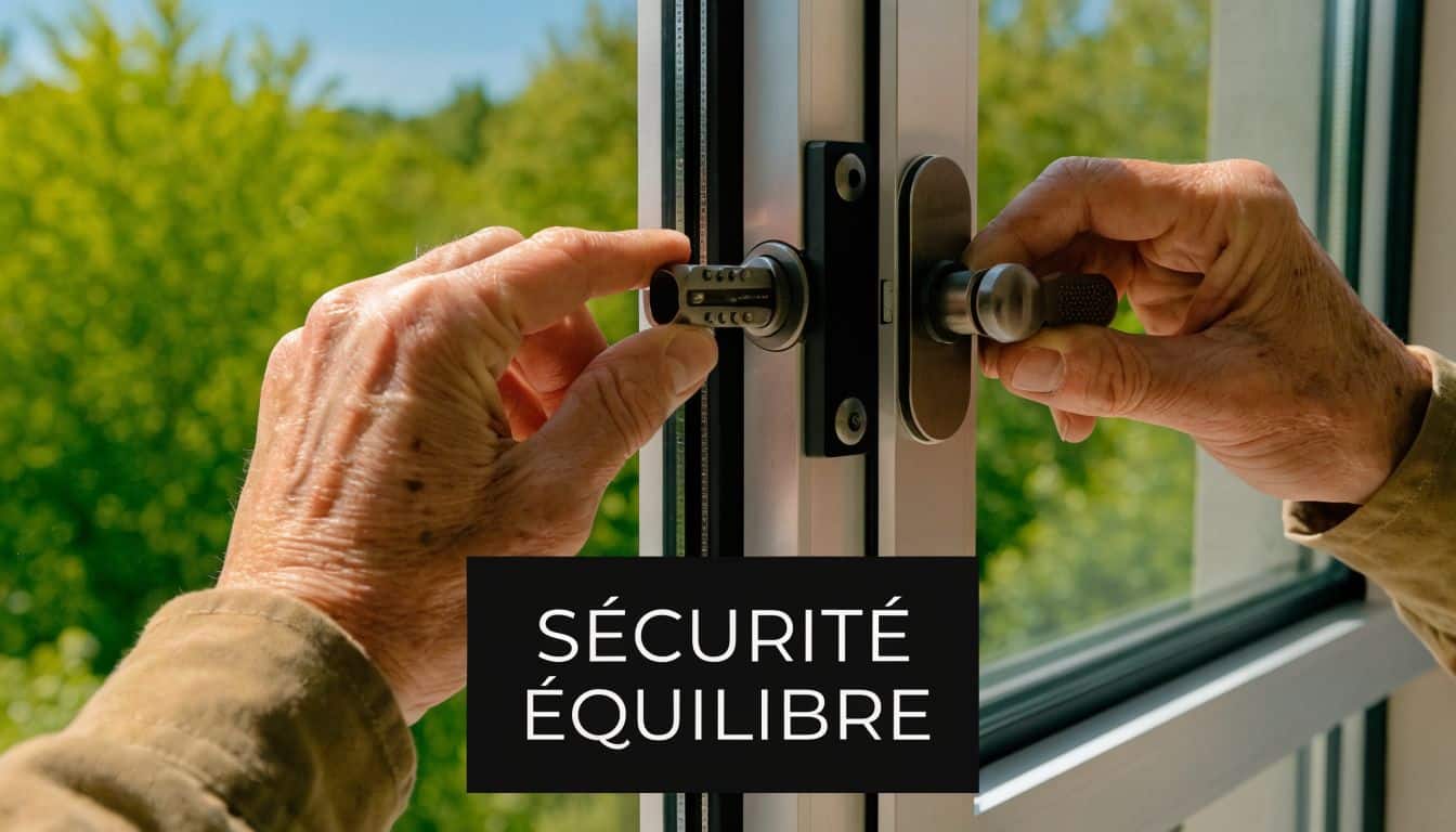 Des mains âgées installent ou réparent une serrure de sécurité sur une fenêtre donnant sur un jardin