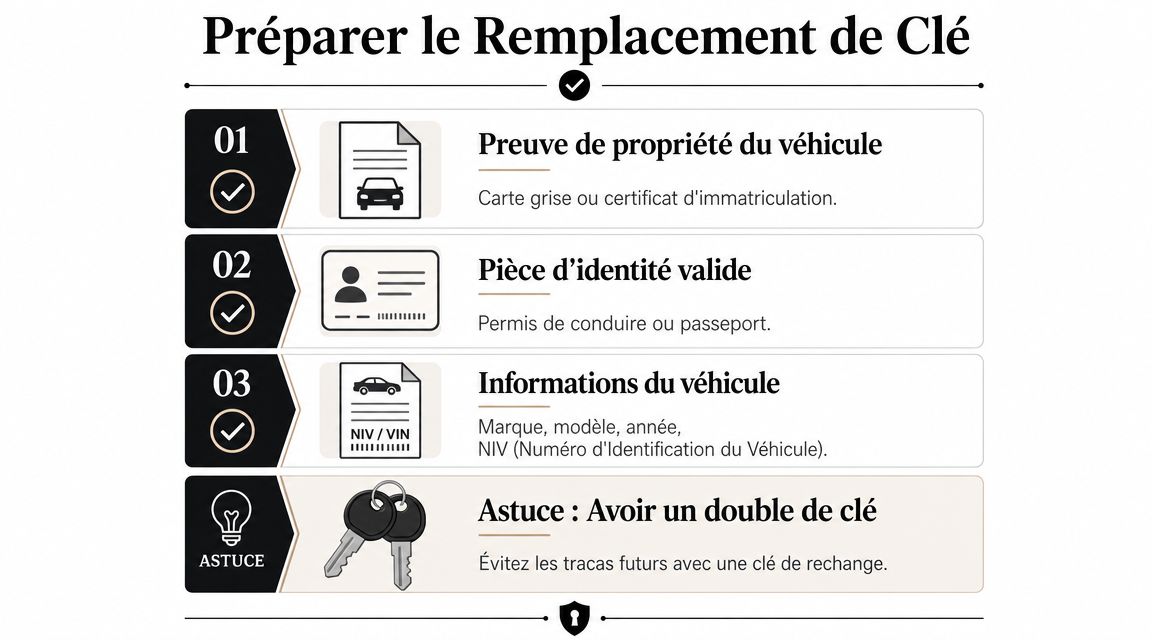 Infographie listant les documents nécessaires pour remplacer une clé de voiture perdue ou cassée.
