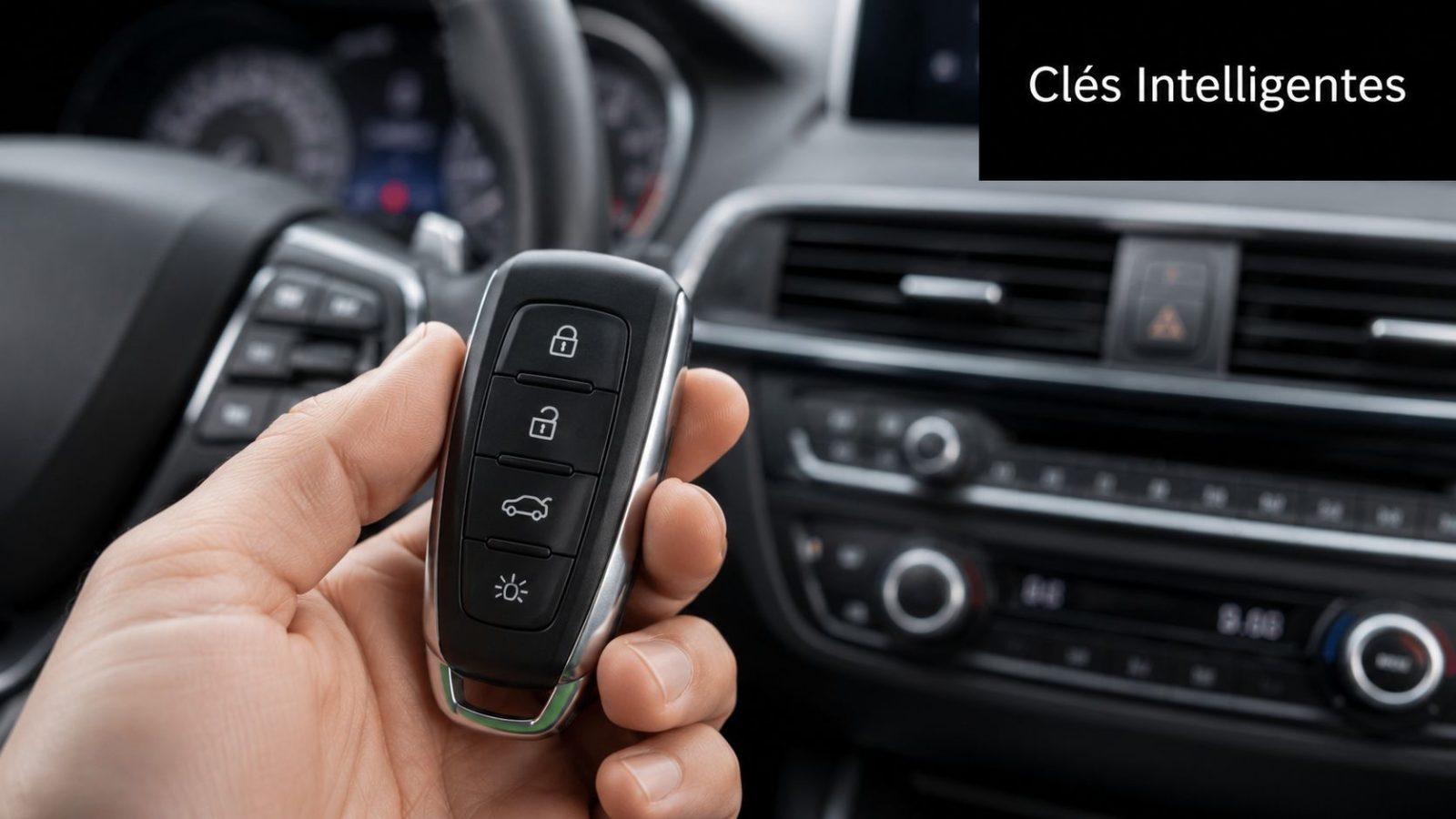 Une main tenant une clé de voiture intelligente moderne à l'intérieur d'un véhicule avec un tableau de bord visible.