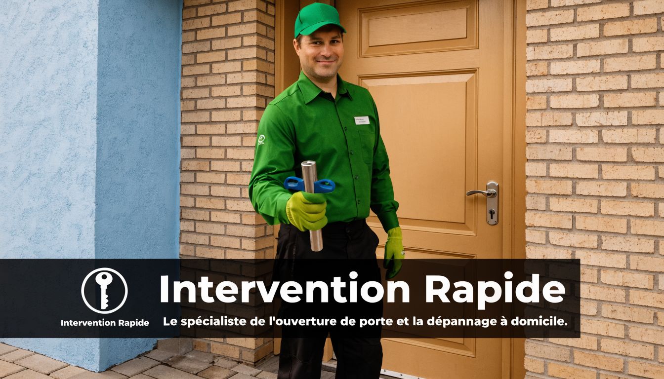 A professional locksmith in a smiling green uniform in front of a closed door for a fast emergency response.