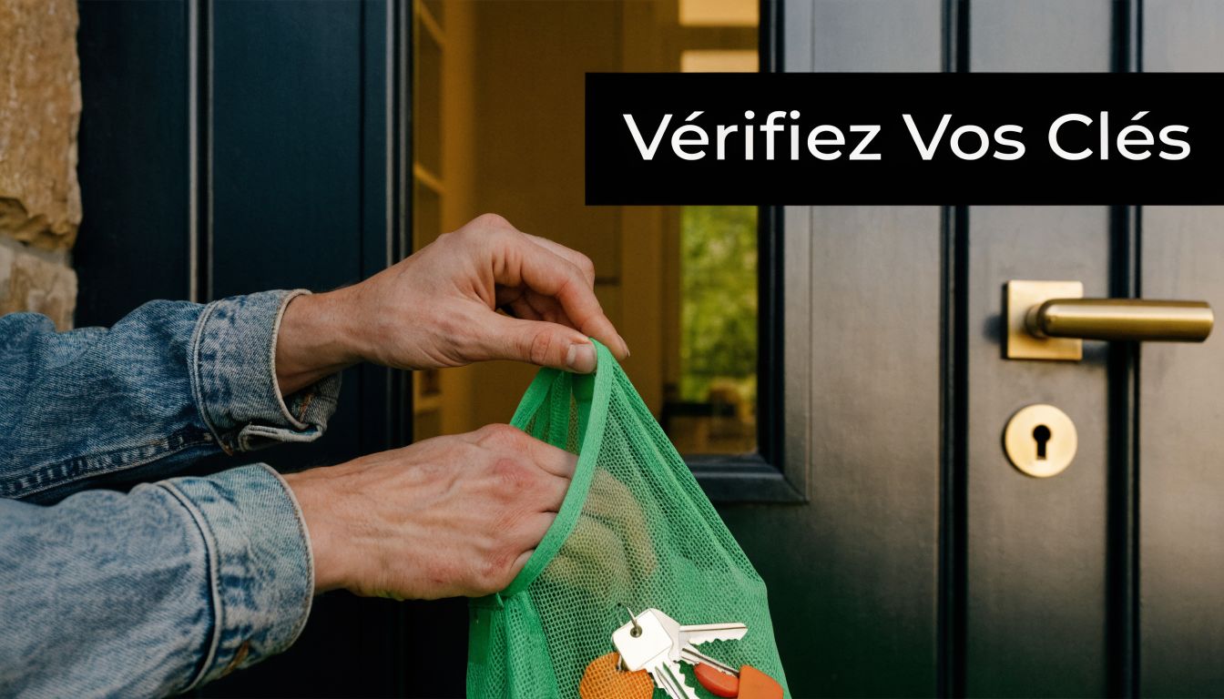 A person looking for his keys in a green bag in front of a modern residential front door.